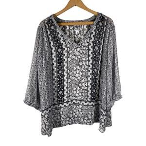 Old Navy Tunic Top Size XXL Womens Black White Chiffon Boho Whimsigoth Peasant